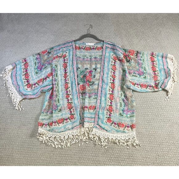 Entro Boho Floral Sheer Kimono with Fringe - Size L - Picture 1 of 5